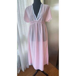 Vintage 80s night dress,  pink short batwing sleeves nightgown, deep V neckline